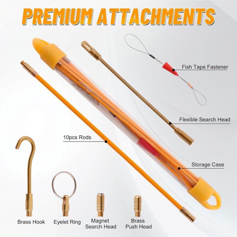 KOOTANS 33FT Fiberglass Running Electrical Wire Cable Glow Rods Wire Pulling Tools Fish Tape Wire Puller Through Wall Cable Snake Fish Rods Kit with Different Attachments - Image 2